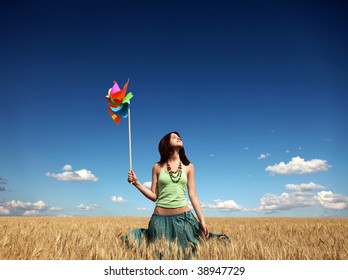 Girl With Wind Turbine At Wheat Field Photo In Old Color Image — Stock