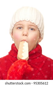 Girl With A Winter Hat And Sweater Eating Ice Cream