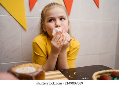 Girl Wipes Her Mouth With A Napkin After A Festive Dinner. High Quality Photo