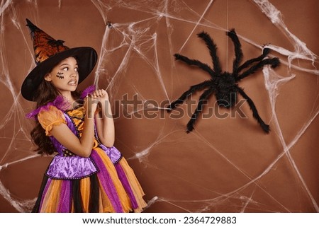 girl in witch hat and Halloween costume grimacing near fake spider and cobwebs on brown background