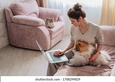 the girl is working at the computer sitting on the sofa. the girl has a dog in her hands