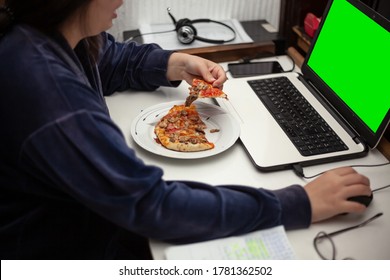 Girl Working From Home And Eat Pizza In Front Of Lap Top Green Screen