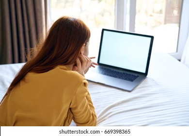 Girl Working At Home, Woman Typing On Laptop, Laptop On Bed.