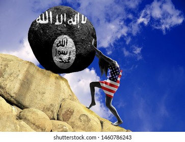 The Girl, Wrapped In The Flag Of United States Of America, Raises A Stone To The Top In The Form Of A Silhouette Of The Isis Flag