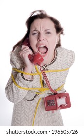 A Girl Wrapped In Yellow Rope On A Red Phone.