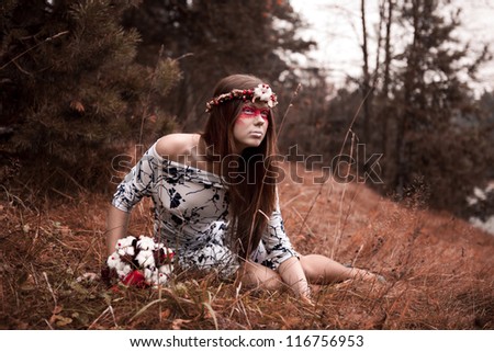 Similar – Image, Stock Photo Blonde girl with hat and hands in the head enjoying relaxed the nature in forest.