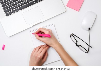 Girl Writing In A Notebook, Workplace, Blogging, Flatlay Photo