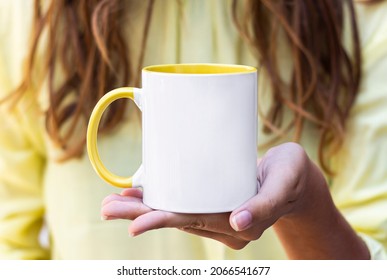 Girl In Yellow Sweater Holding Yellow Handle White Coffee Mug , Porcelain Mug Mock Up