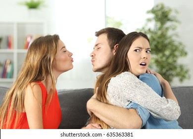 Girlfriend discovering that her boyfriend is cheating with her best friend at home