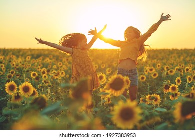 Mädchen des Mädchens lachen und spielen Sonnenblumen. Mädchen in Sonnenblumen. Hochwertiges Foto.