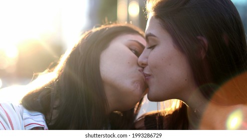 Girlfriends Kissing Outside In The Sunlight. Candid Gay Women Kiss