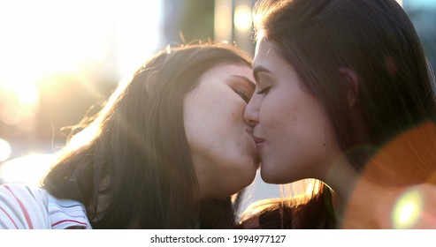 Girlfriends Kissing Outside In The Sunlight. Candid Gay Women Kiss