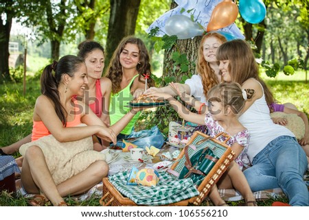 Similar – Image, Stock Photo Woman eating piece of cake in summer party