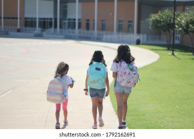 Girls Back To School During Pandemic Covid 19 Coronavirus Playground Face Mask Oriental Middle East Us Immigrants