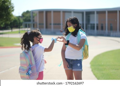 Girls Back To School During Pandemic Covid 19 Coronavirus Playground Face Mask Oriental Middle East Us Immigrants