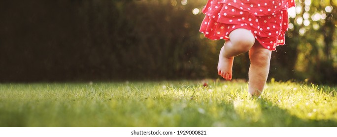 Girl's Bare Feet In The Green Grass. Little Happy Child Running At Sunset Barefoot Outdoor. Concept Of Happy Childhood