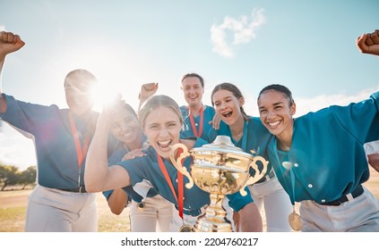 Girls, Baseball Team And Success Trophy With Winner, Wow And Game Celebration On Fitness Stadium Field. Smile, Happy Or Excited Sports Women In Collaboration Exercise, Teamwork Training And Workout