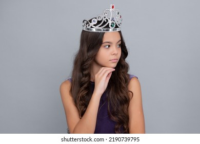 Girls Birthday Party, Funny Kid In Crown. Imagine Herself A Queen, Child Wear Diadem. Successful Teenager Wear Luxury Beauty Queen Crown, Success. Serious Teenager Girl.