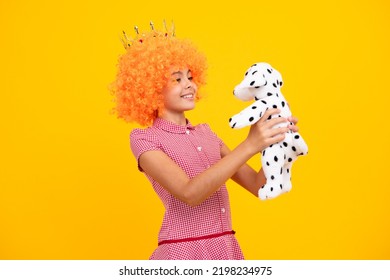 Girls Birthday Party, Funny Kid In Crown. Imagine Herself A Queen, Child Wear Diadem. Successful Teenager In Fancy Clown Wig Wear Luxury Beauty Queen Crown, Success.