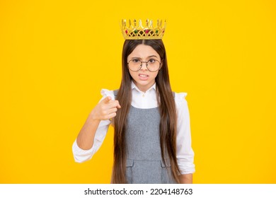 Girls Birthday Party, Funny Kid In Crown. Imagine Herself A Queen, Child Wear Diadem. Successful Teenager Wear Luxury Beauty Queen Crown, Success. Angry Teenager Girl, Upset And Negative Emotion.