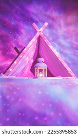 Girls birthday party sleepover with enchanted indoor camping tent lanterns and light projector decorations