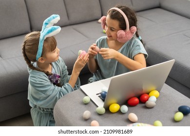 Girls Demonstrating Eggs And Greeting With Spring Holidays Online Eater Celebration, Craft For Kids, New Normal And Social Distance