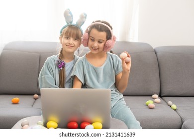 Girls Demonstrating Eggs And Greeting With Spring Holidays Online Eater Celebration, Craft For Kids, New Normal And Social Distance