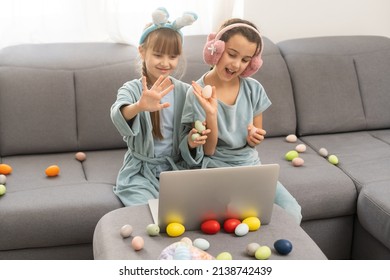 Girls Demonstrating Eggs And Greeting With Spring Holidays Online Eater Celebration, Craft For Kids, New Normal And Social Distance