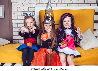 Girls Dressed Halloween Costumes Show Emotions Stock Photo 327900323 ...