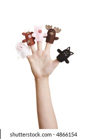 Girl's hand with animal finger puppets (cat, sheep, cow, pig and moose)
