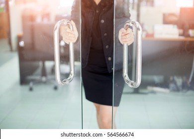 Girl's Hand Open The Door With Glass Reflection Background