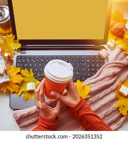 Girl's hands with hot cup of coffee, scarf, yellow leaves and laptop. Copy space for text. Cozy home, freelance, online studying, back to university, remote work concept. Top view. High quality photo