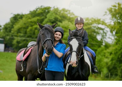 Girls, horse and portrait outdoor for equestrian, development and learning with bonding or connection. People, siblings and pet in nature for riding, care and fitness with smile, exercise and helmet - Powered by Shutterstock