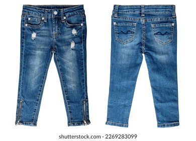 Girls jeans isolated. Elegant trendy stylish female blue jeans trousers isolated on a white background. Fashionable denim pants for kids. Front and back view.