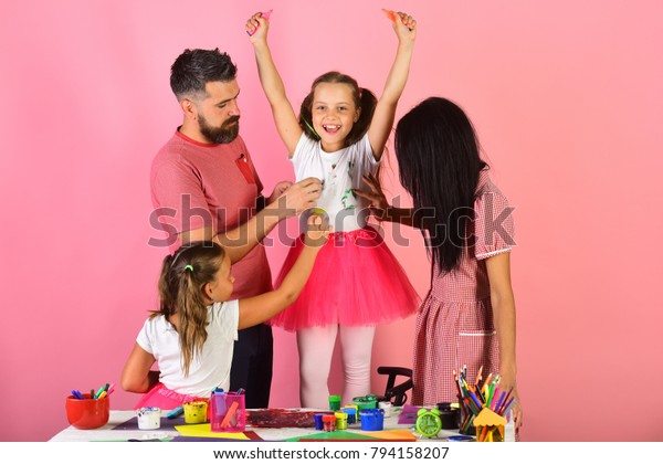 Girls Man Woman Cheerful Concentrated Faces Stock Photo Edit Now