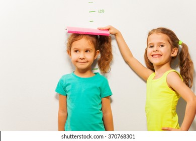 Girls Measure Height On Wall Scale