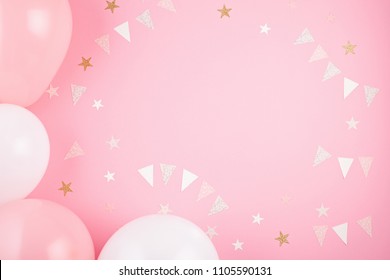 Girls party accessories over the pink background. Invitation, birthday, bachelorette party, baby shower concept