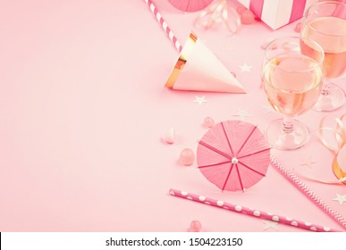 Girls Party Accessories Over The Pink Background. Invitation, Birthday, Bachelorette Party Concept