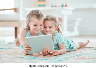 Girls, tablet and children in home for bonding, development and playing games with app or internet. Siblings, learning and watch cartoon for happy family, streaming video and social media on weekend - Powered by Shutterstock