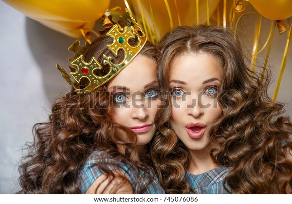 Girls Twins Sisters Updo Hair Partyon Stock Photo Edit Now 745076086