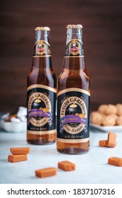 GIRONA, SPAIN - FEBRUARY 19, 2020: Flying Cauldron Butterscotch Beer, Famous Delicious Drink From Harry Potter World On Wooden Background