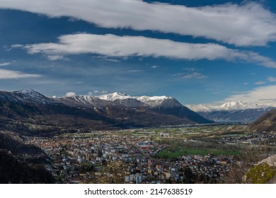 Giubiasco town from castle in Bellinzona town in spring fresh color morning - Shutterstock ID 2147638519