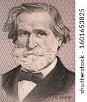 Giuseppe Verdi portrait on Italy 1000 lira (1977) banknote. Famous Italian composer. Vintage engraving.