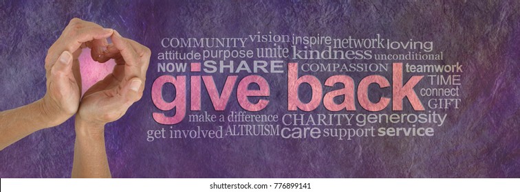 Give Back with Love Word Cloud - campaign banner with female hands making a heart shape with pink behind on left and a GIVE BACK word cloud  on right against a rustic parchment background
