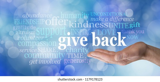 GIVE BACK word tag cloud - male hand with the words GIVE BACK floating above surrounded by a word cloud against a blue bokeh background 
                               
