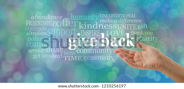 GIVE BACK\
word tag cloud - female open hand gesturing towards the words GIVE\
BACK surrounded by a relevant word cloud against a blue bokeh\
background \
                             \

