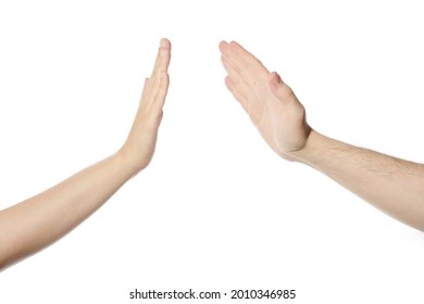 Give five hands gesture, white isolated background. Man and woman slap hands, High five