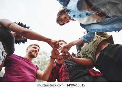 Giving Bro Fist. Multi Ethnic Group Of People Have Party Outdoors. View From Down.