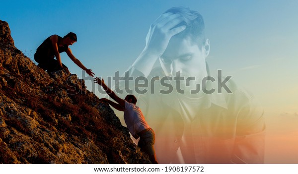 Giving a helping hand to someone in need. With sad\
depressed man