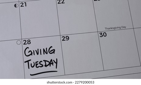Giving Tuesday marked on a calendar on Tuesday, November 28, 2023. Giving Tuesday is a global movement unleashing the power of radical generosity.                           